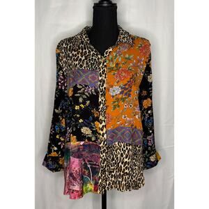 Womens Calessa Size PL Button Up Floral Animal Print Blouse Vintage Artsy Hippie